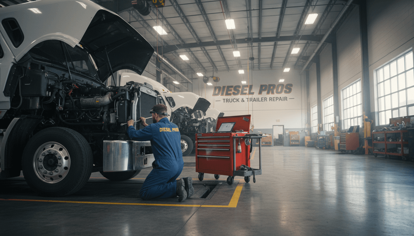 Mechanic inspecting a commercial fleet truck in a repair shop