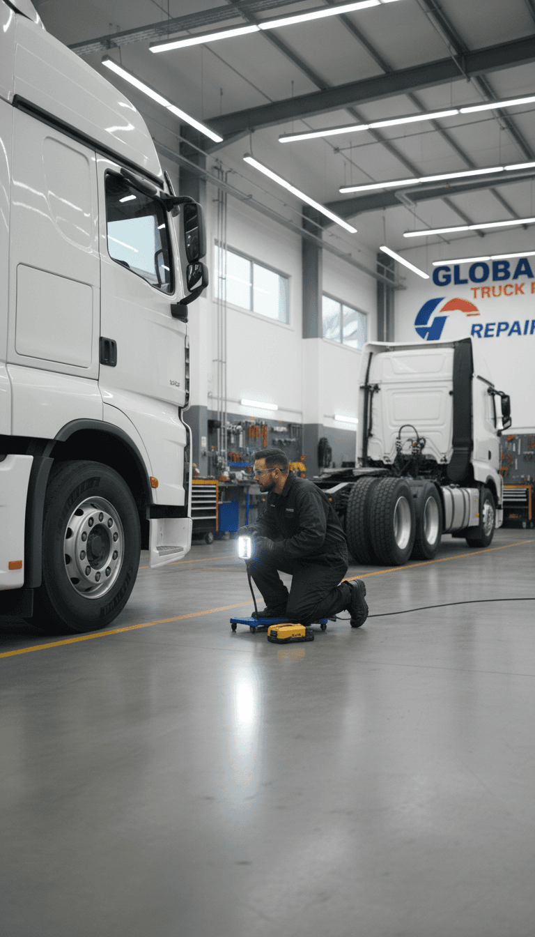 Mechanic inspecting a commercial truck in a clean workshop