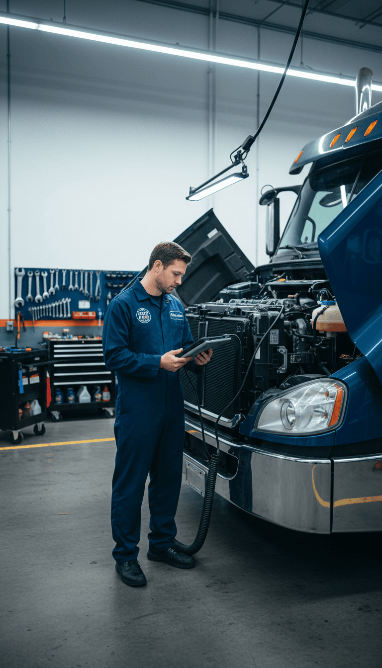 Mechanic inspecting a commercial fleet truck in a repair shop