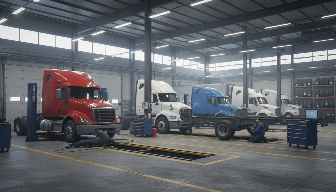 Wide view of commercial truck repair facility with multiple service bays, mechanics working on semi-trucks and trailers, overhead lighting.