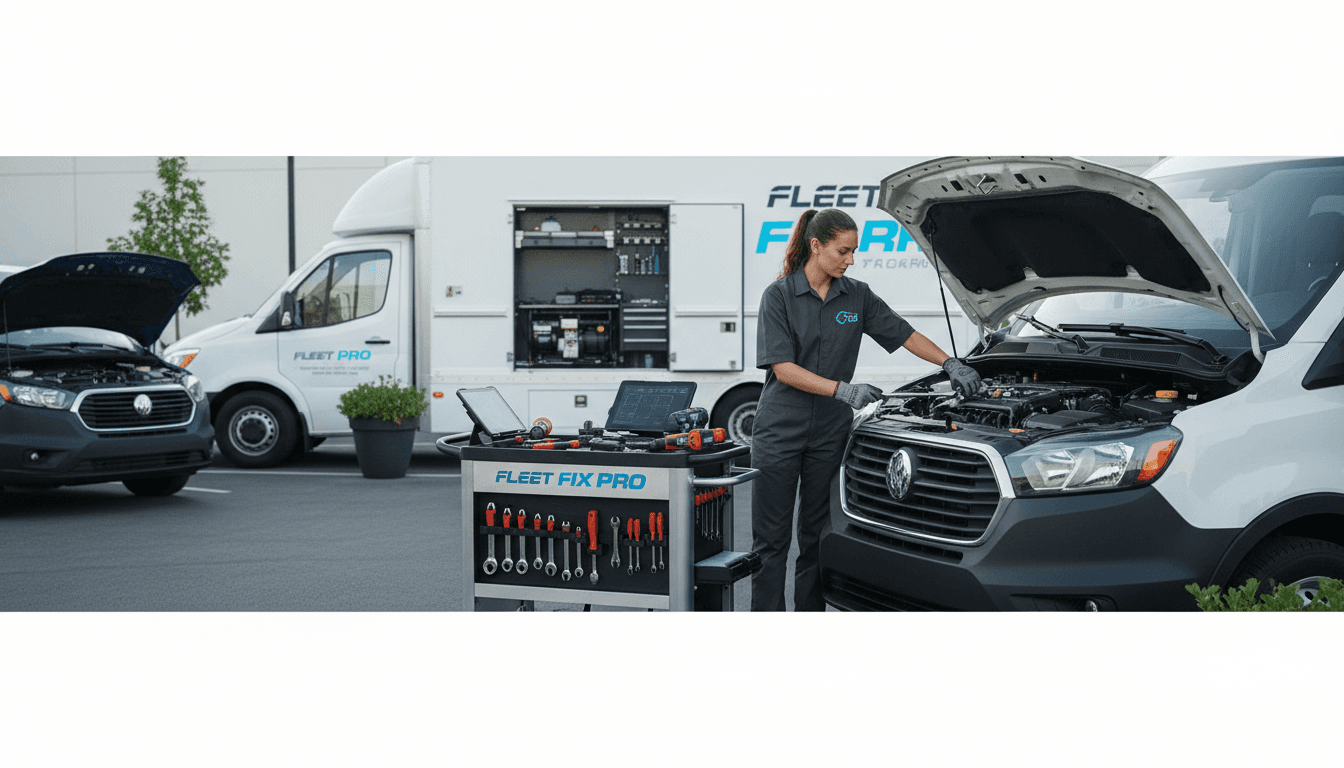 Mechanic inspecting the underside of a commercial van in a repair shop