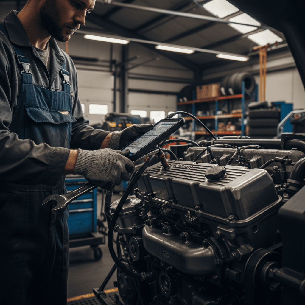 Mechanic inspecting a commercial truck in a Toronto repair garage